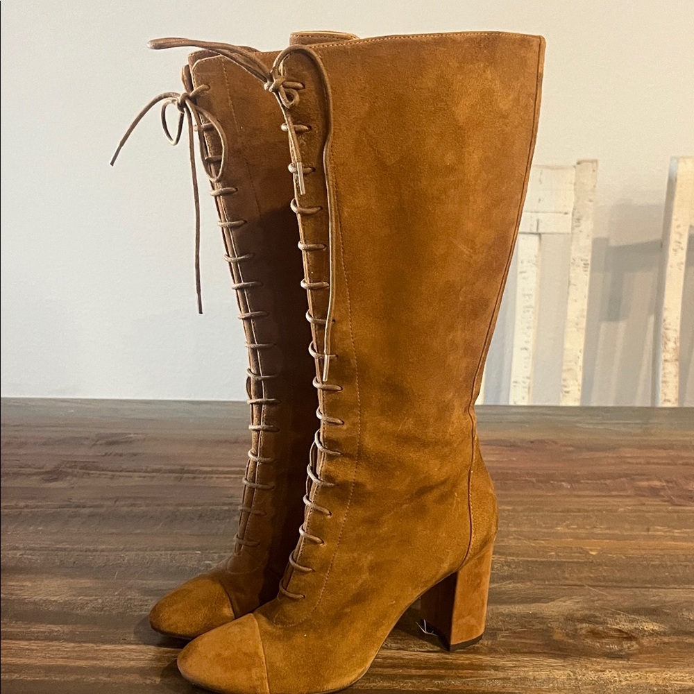 Nine West Tan Suede Lace-Up Heeled Boots